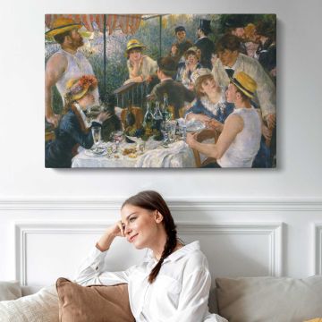 Women at an Outdoor Cafe - single-panel canvas displayed above a sofa