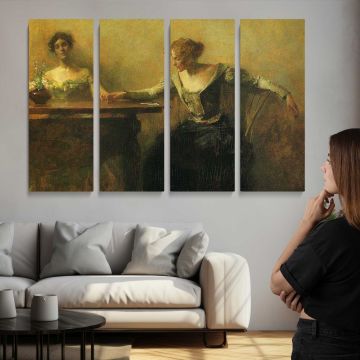 Women Reading in a Garden - multi-panel canvas displayed above a sofa