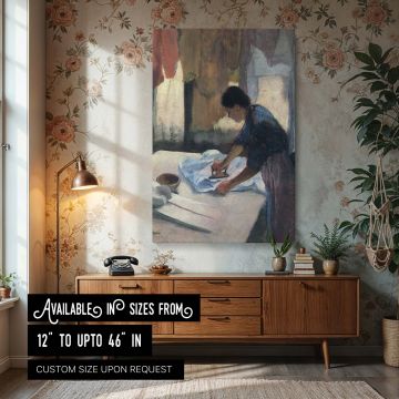 Canvas wall print of Edgar Degas's Woman Ironing, portraying a woman mid-task with iron in hand, bending over a table draped in white fabric. The background is filled with soft textures of hanging laundry in muted yellows, purples, and warm neutrals. The 