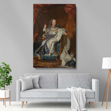 Vintage royal portrait of Louis XV, an aristocratic baroque artwork inspired by Hyacinthe Rigaud, printed on high-resolution gallery-wrapped canvas, perfect for sophisticated home decor, library walls, or museum-quality historical interiors.