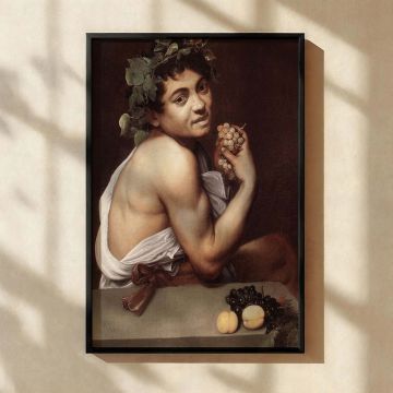 This canvas wall art features the mythological figure Bacchus painted by Caravaggio with sickly complexion, laurel crown, and fruit symbolizing decay and indulgence, rendered with soft highlights and moody shadows for sophisticated symbolic canvas wall ar