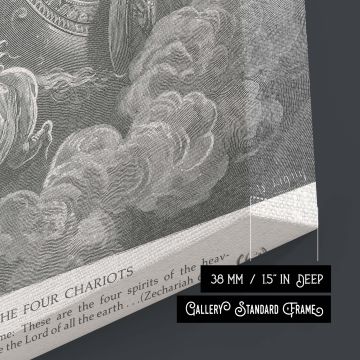 This monochrome canvas displays Zechariah's prophetic vision of four chariots pulled by divine horses, their motion frozen in Gustave Dore's dramatic engraving. The riders' wings and the curling smoke emphasize the celestial movement, giving the image bot