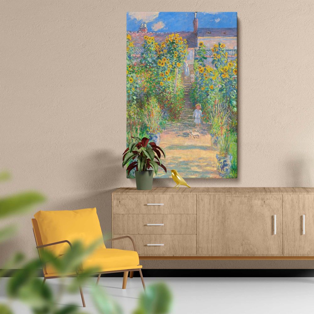 The Artist's Garden at VŽtheuil by Claude Monet - Child, Dog & Sunflowers Scene canvas wall art - Image 5