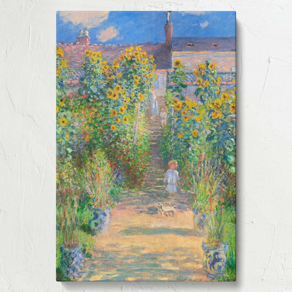 The Artist's Garden at VŽtheuil by Claude Monet - Child, Dog & Sunflowers Scene canvas wall art - Image 7