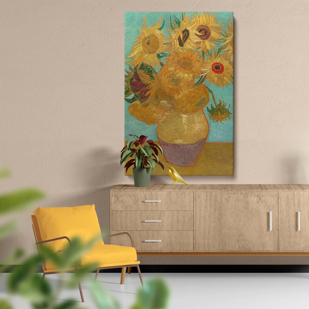 Vase with Twelve Sunflowers - Yellow and Turquoise Floral Painting By Vincent van Gogh canvas wall art - Image 5