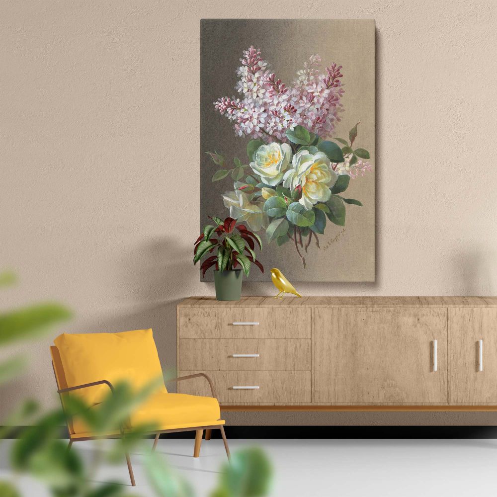 Flowers Roses and Lilacs - Pastel Botanical Still Life By Paul de LongprŽ canvas wall art - Image 5