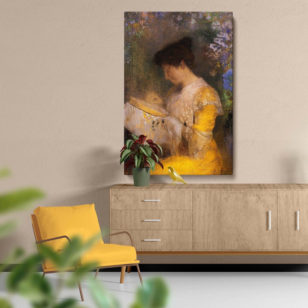 Madame Arthur Fontaine - Woman Embroidering in Yellow By Odilon Redon canvas wall art - Image 5