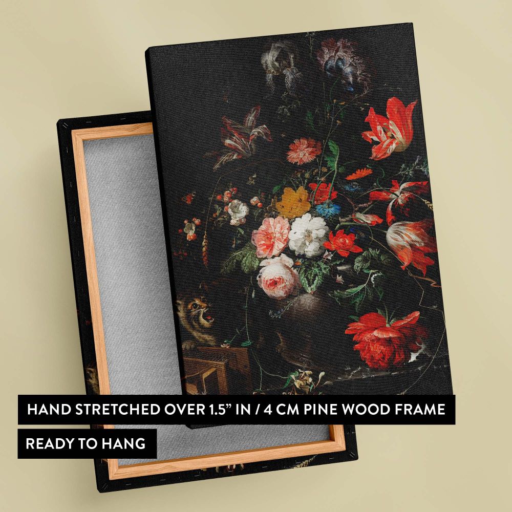 The Overturned Bouquet - Baroque Floral Still Life with Cat By Abraham Mignon canvas wall art - Image 6