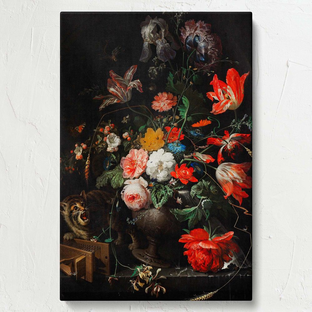 The Overturned Bouquet - Baroque Floral Still Life with Cat By Abraham Mignon canvas wall art - Image 7