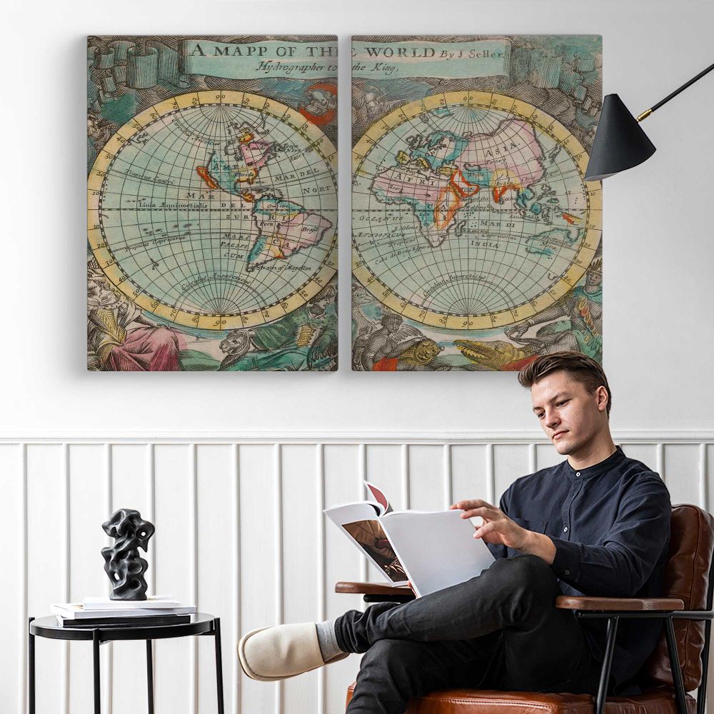 A Map of the World by John Playford - two-panel canvas displayed in a reading room