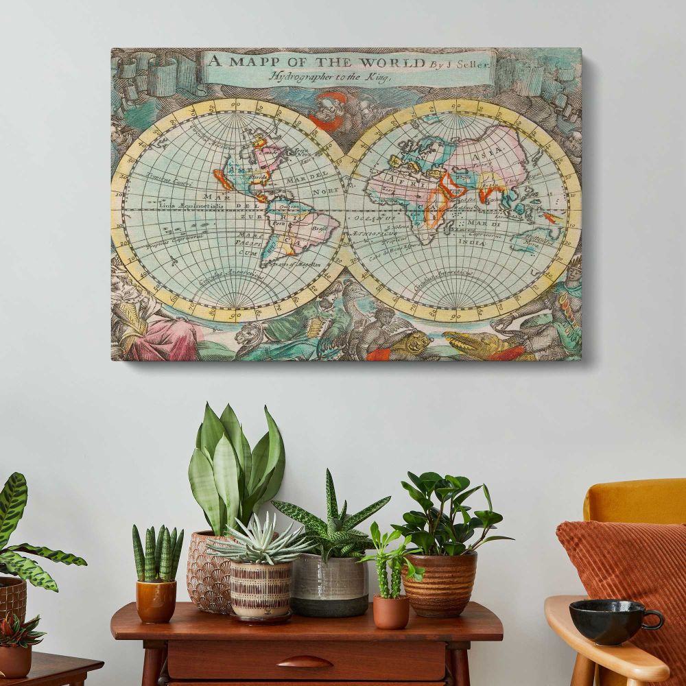 A Map of the World by John Playford - single-panel canvas displayed above a console table