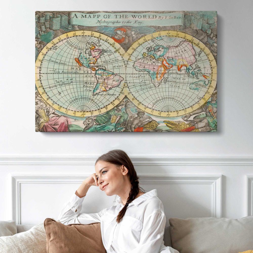 A Map of the World by John Playford - single-panel canvas displayed above a sofa