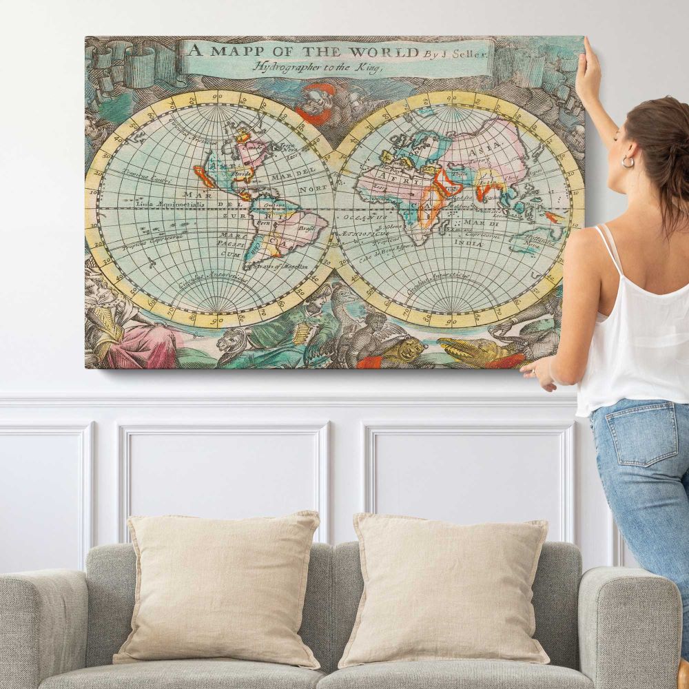 A Map of the World by John Playford - single-panel canvas shown with a person for scale