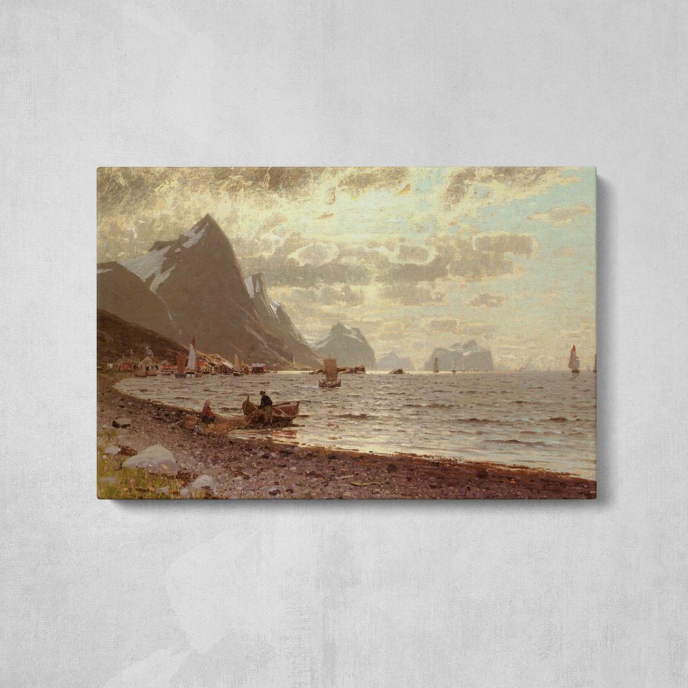 A Norwegian Fjord by Adelsteen Normann - single-panel canvas displayed above a console table