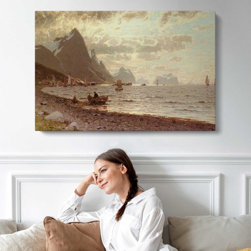 A Norwegian Fjord by Adelsteen Normann - single-panel canvas displayed above a sofa