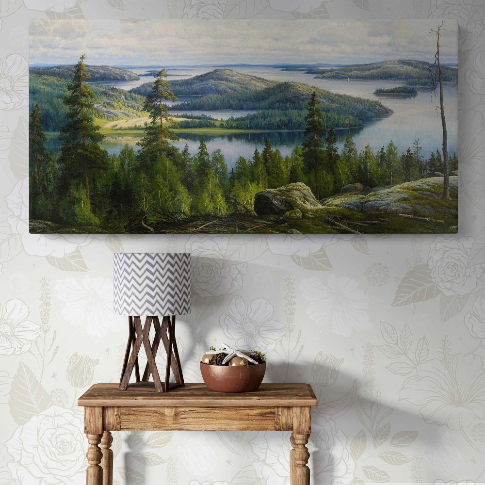 A Summer's Day on Lake Paijanne by Thorsten Waenerberg — single-panel canvas above a console table