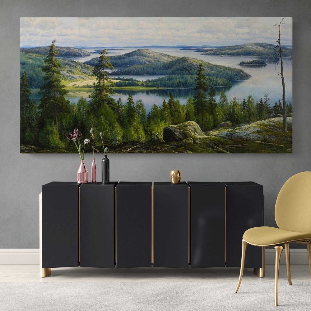 A Summer's Day on Lake Paijanne by Thorsten Waenerberg — single-panel canvas above a sideboard