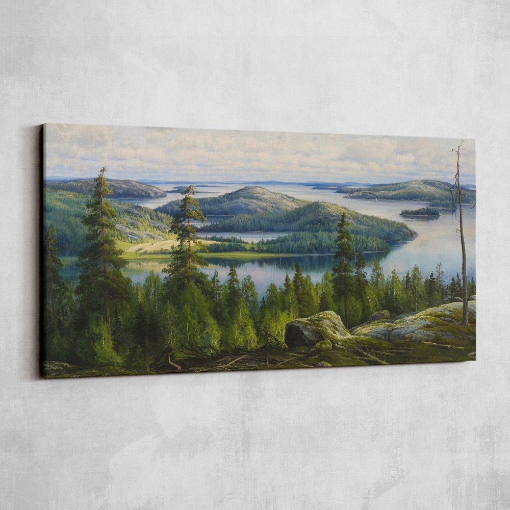 A Summer's Day on Lake Paijanne by Thorsten Waenerberg — single-panel canvas shown on a pale studio wall