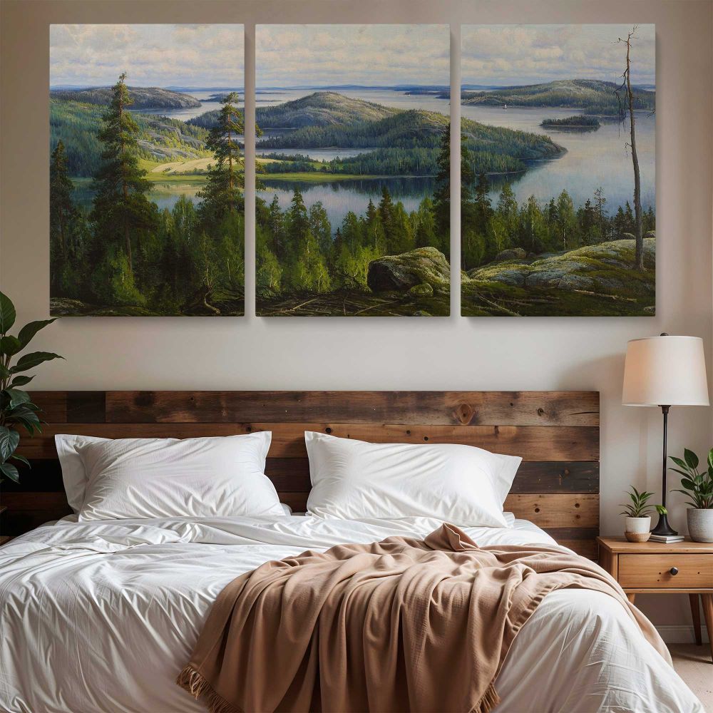 A Summer's Day on Lake Paijanne by Thorsten Waenerberg — three-panel canvas above a bed