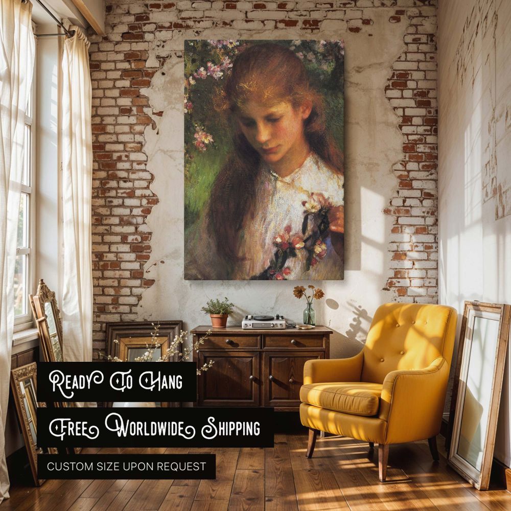 Apple Blossom Portrait by George Clausen - Pink Flowers and Pensive Gaze canvas wall art - Image 3