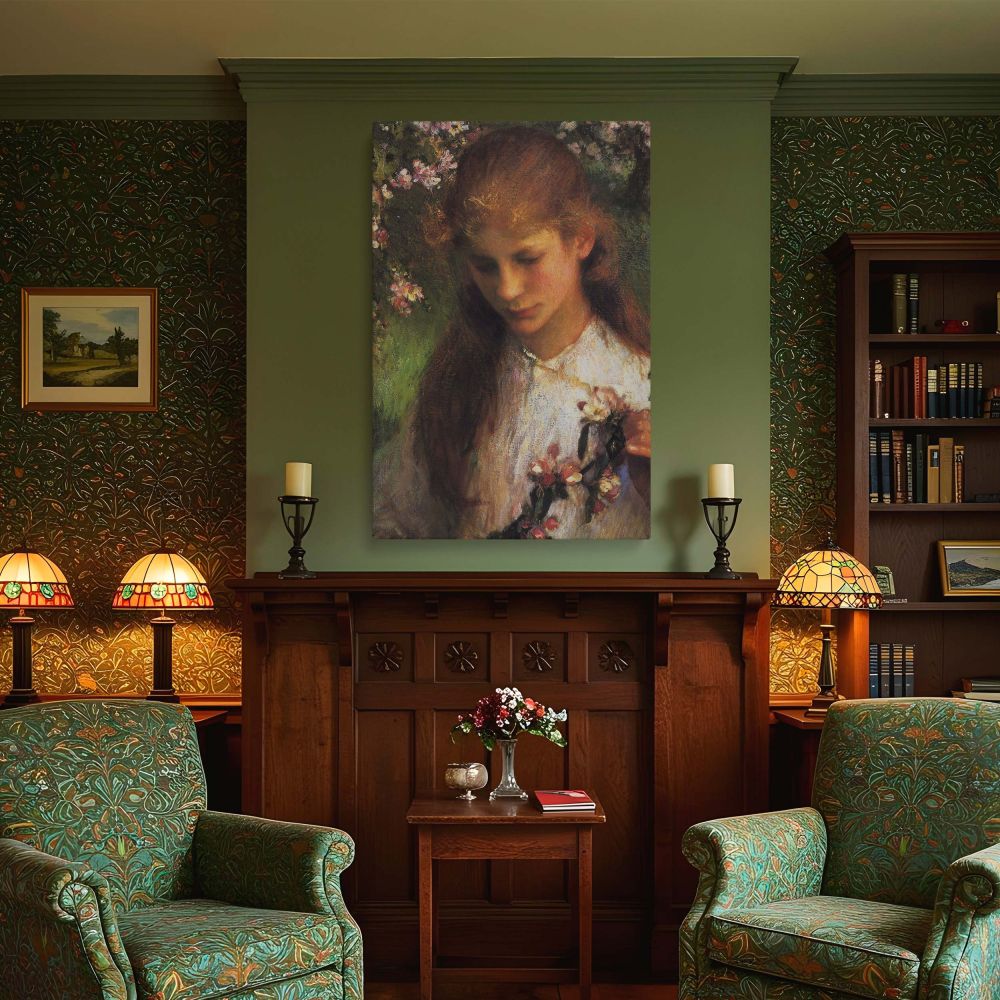 Apple Blossom Portrait by George Clausen - Pink Flowers and Pensive Gaze canvas wall art - Image 4