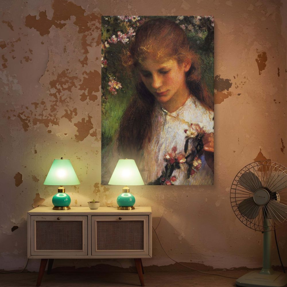 Apple Blossom Portrait by George Clausen - Pink Flowers and Pensive Gaze canvas wall art - Image 5