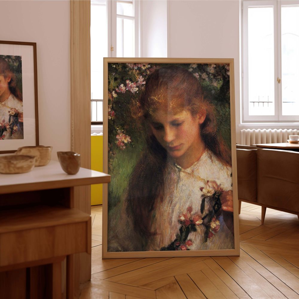 Apple Blossom Portrait by George Clausen - Pink Flowers and Pensive Gaze canvas wall art - Image 7
