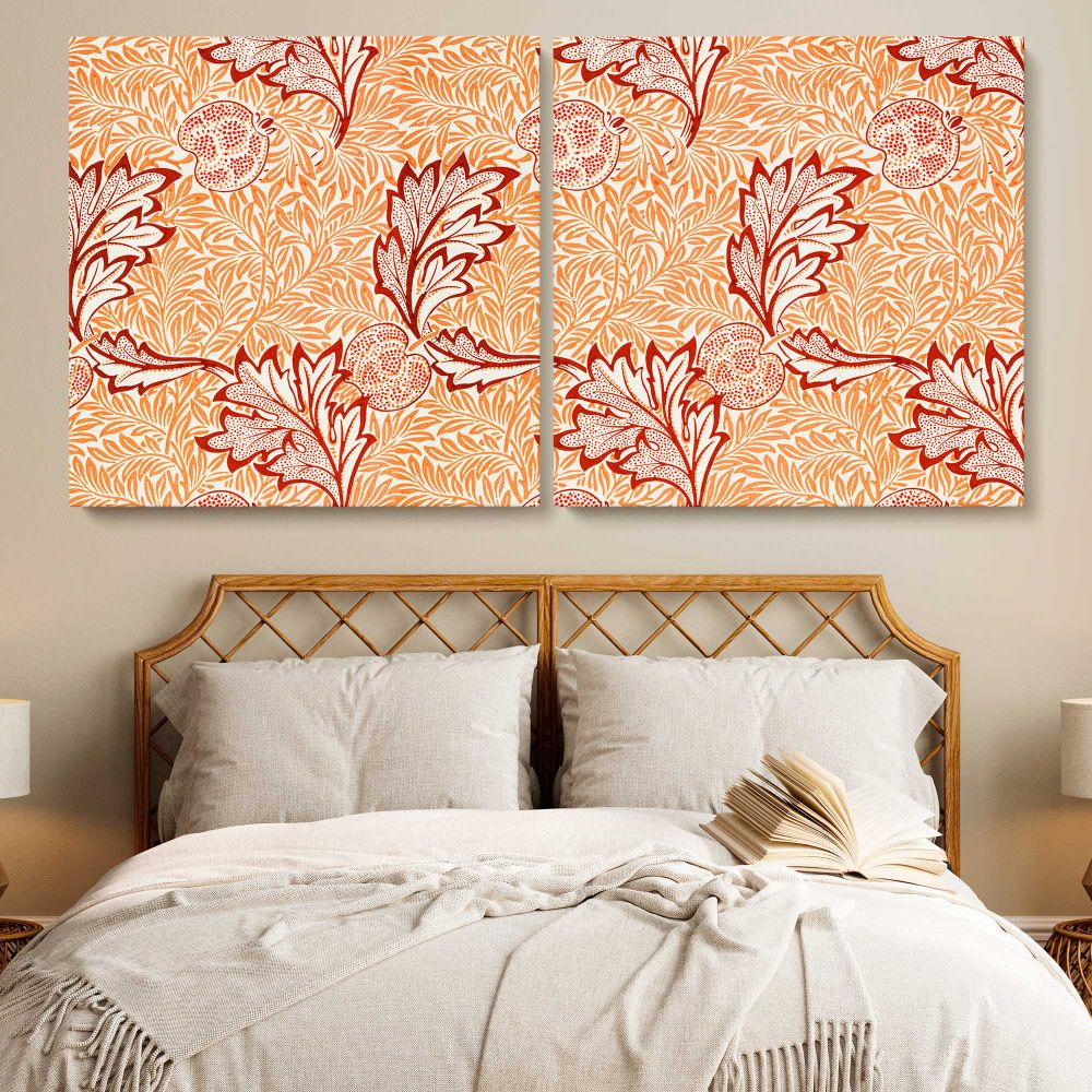 Apple Floral Pattern in Coral by William Morris — single-panel canvas in a bedroom