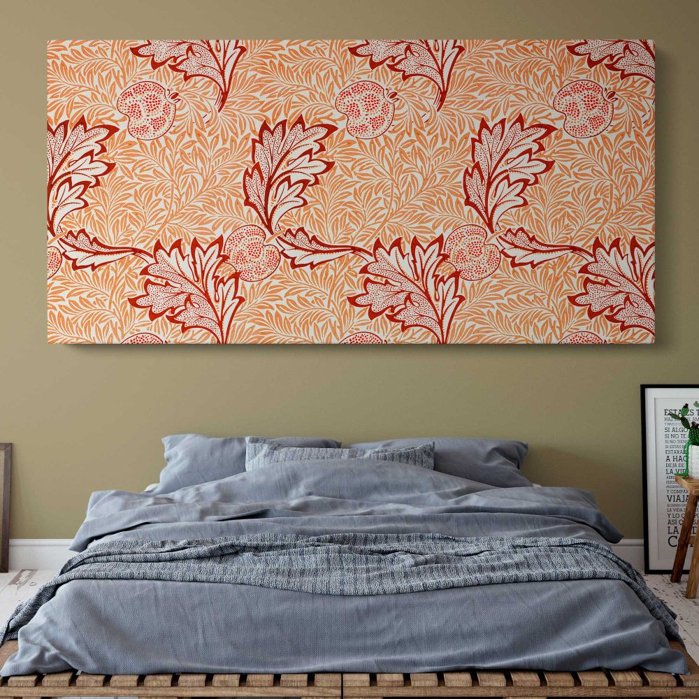 Apple Floral Pattern in Coral by William Morris — single-panel canvas above a bed with blue bedding