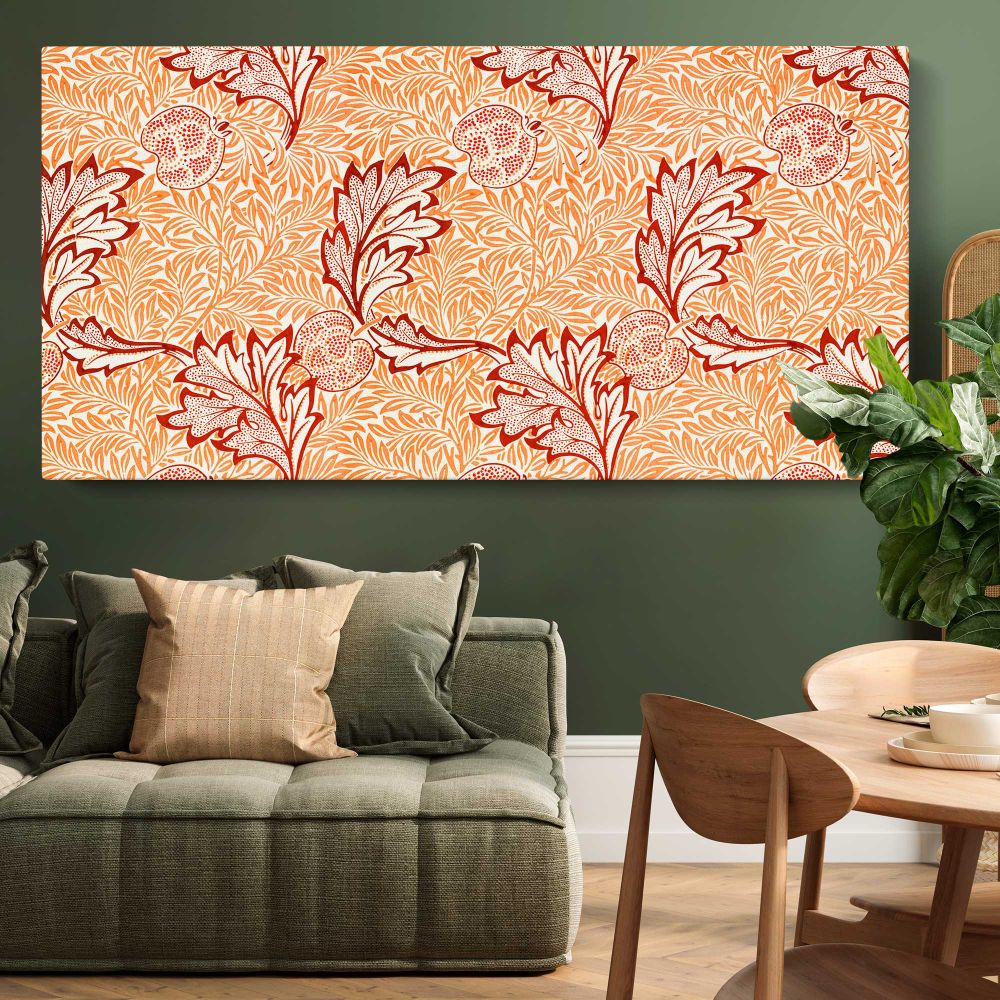 Apple Floral Pattern in Coral by William Morris — single-panel canvas above a green sofa