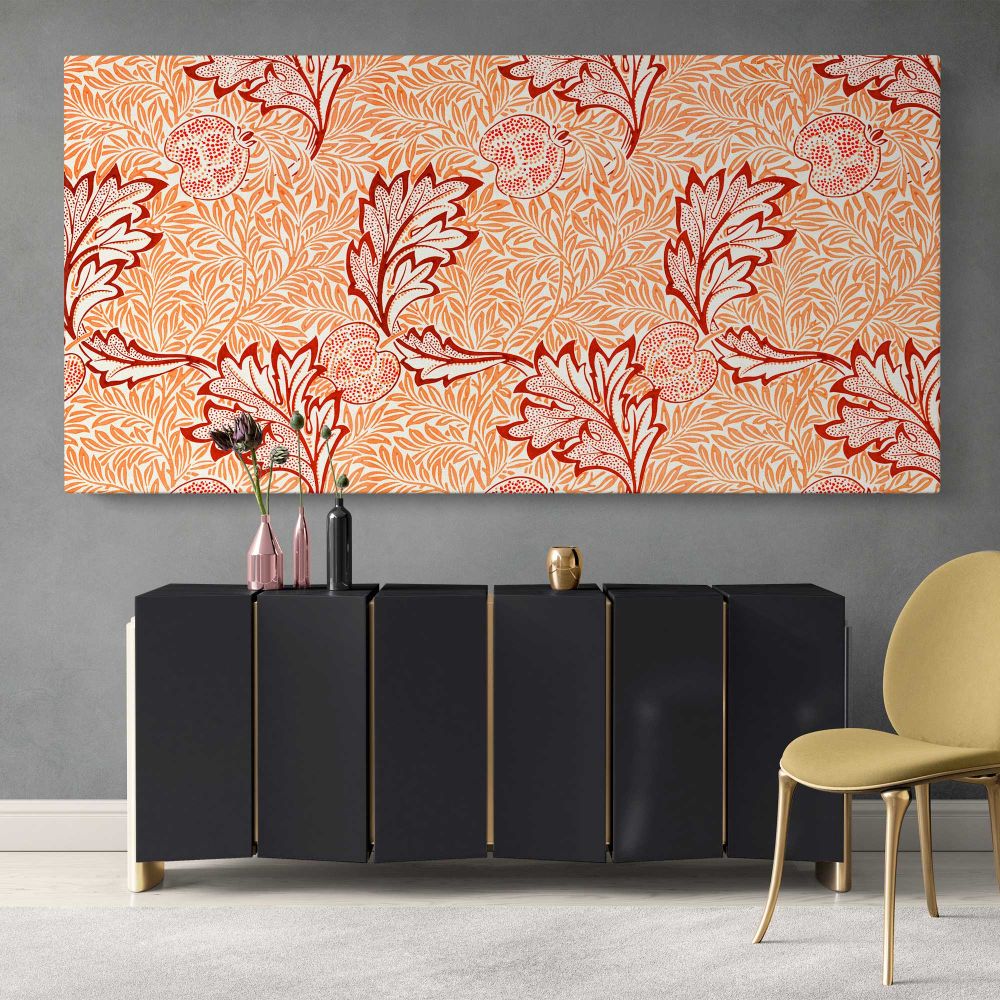Apple Floral Pattern in Coral by William Morris — single-panel canvas above a sideboard