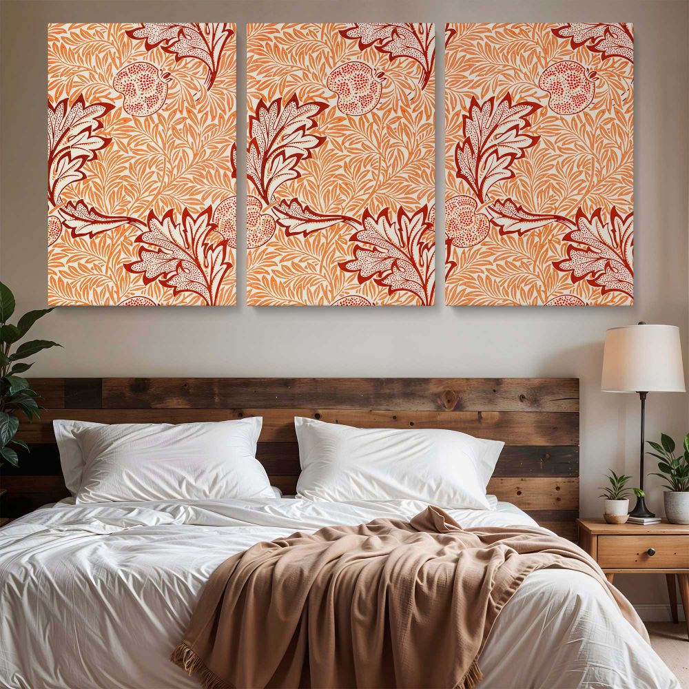 Apple Floral Pattern in Coral by William Morris — three-panel canvas above a bed