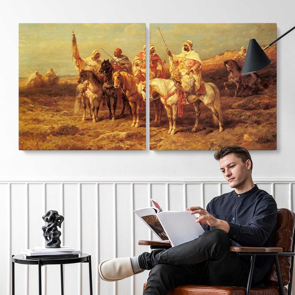 Arab Horsemen by a Watering Hole by Adolf Schreyer — two-panel canvas arrangement in a room