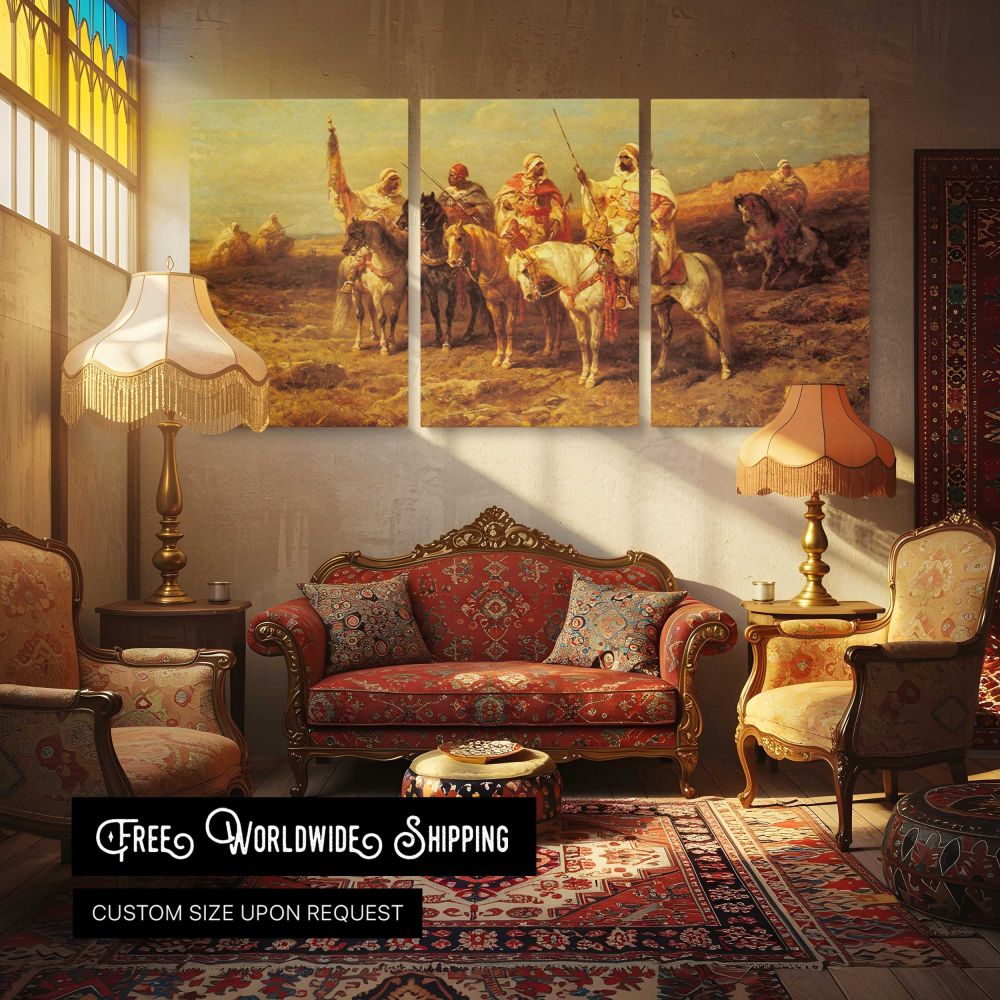 Arab Horsemen by a Watering Hole by Adolf Schreyer — multi-panel canvas in a warmly lit lounge