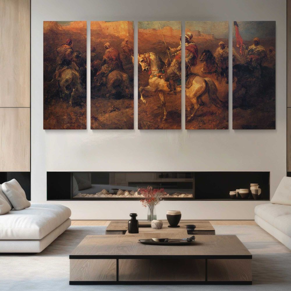 Arab Horsemen on the March by Adolf Schreyer — four-panel canvas arrangement in a living room