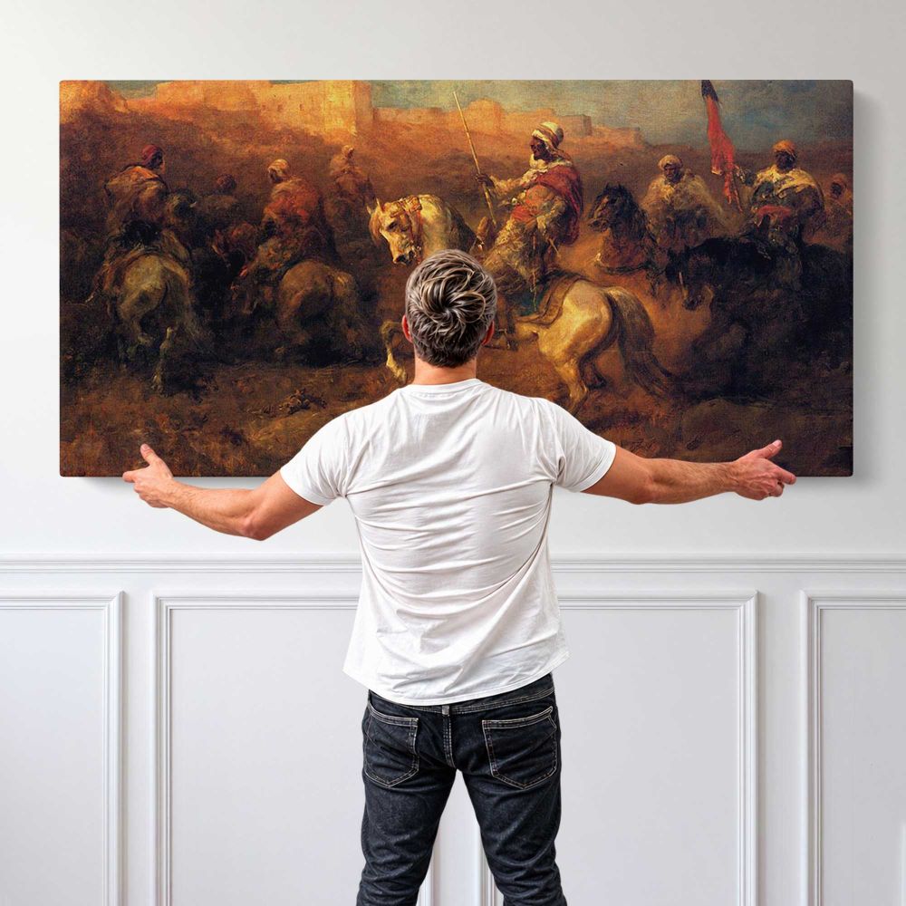 Arab Horsemen on the March by Adolf Schreyer — single-panel canvas shown behind a standing person for scale