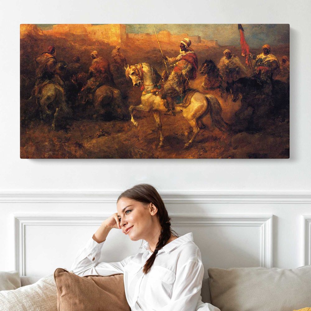 Arab Horsemen on the March by Adolf Schreyer — single-panel canvas shown above a seated person
