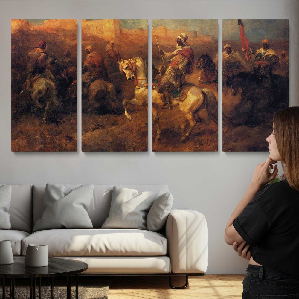 Arab Horsemen on the March by Adolf Schreyer — three-panel canvas above a sofa