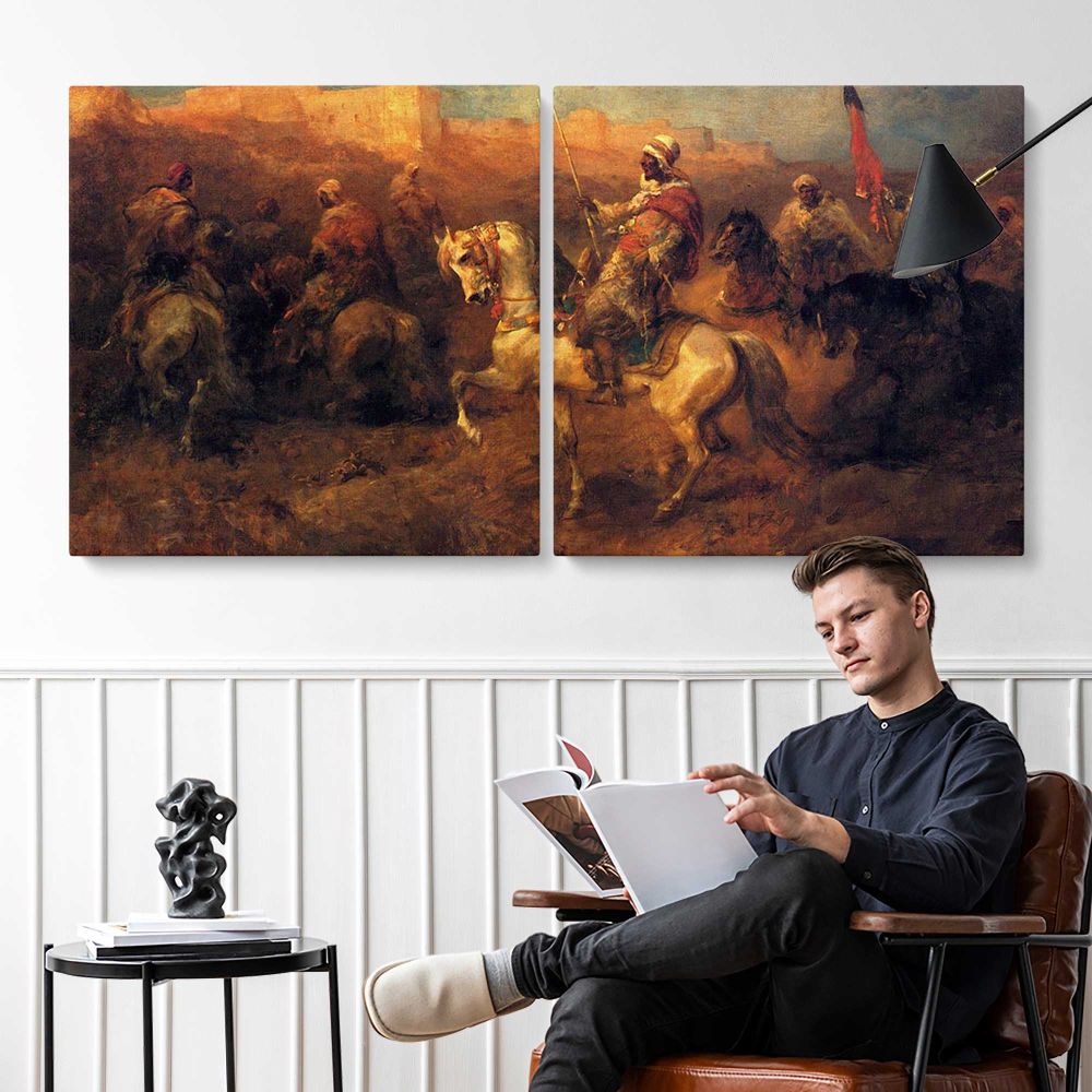 Arab Horsemen on the March by Adolf Schreyer — two-panel canvas arrangement in a room