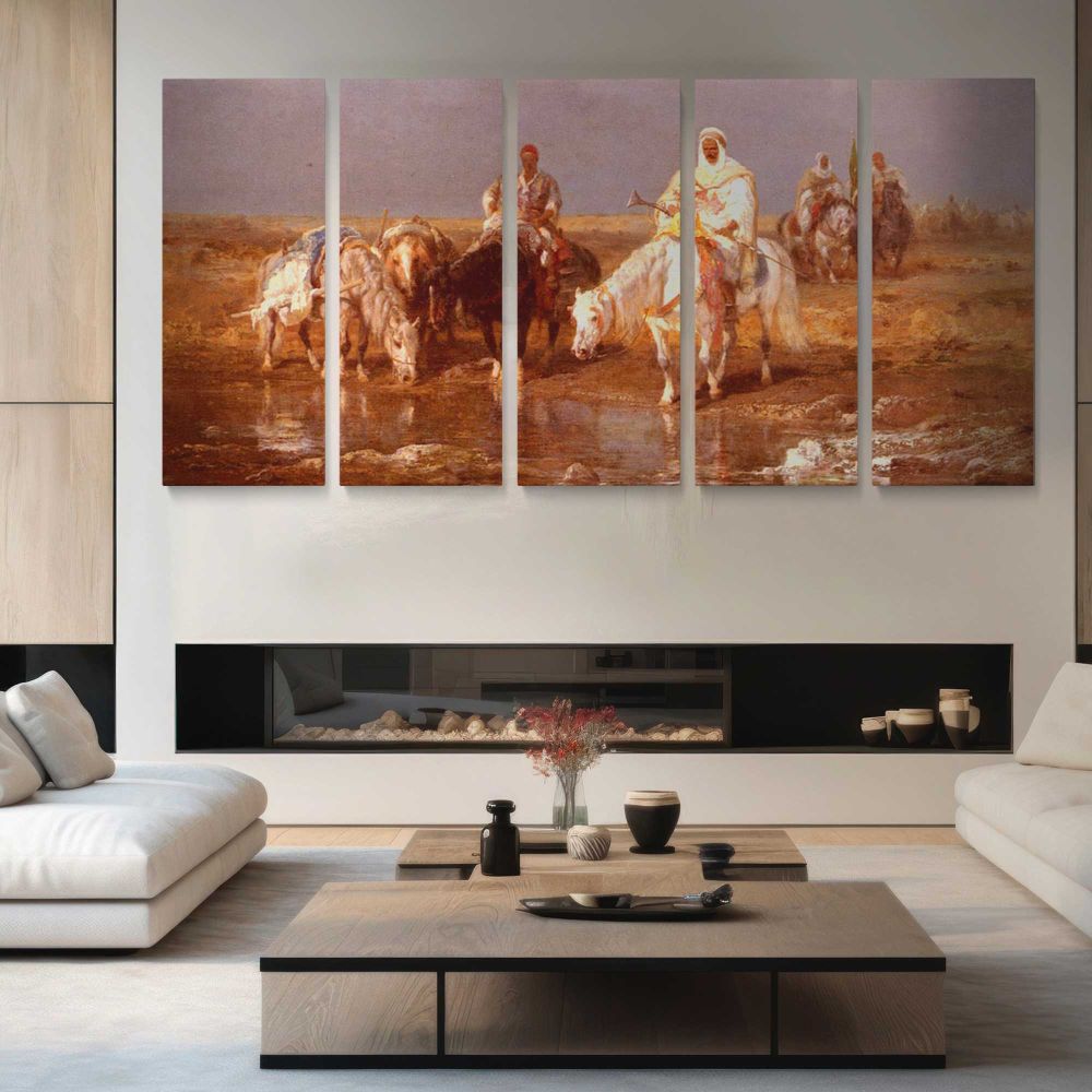 Arabs Watering Their Horses by Adolf Schreyer — four-panel canvas arrangement in a living room