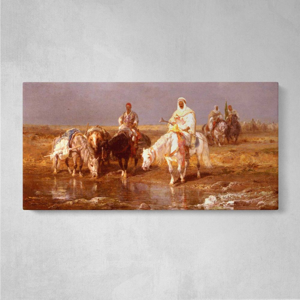 Arabs Watering Their Horses by Adolf Schreyer — single-panel canvas on a pale wall