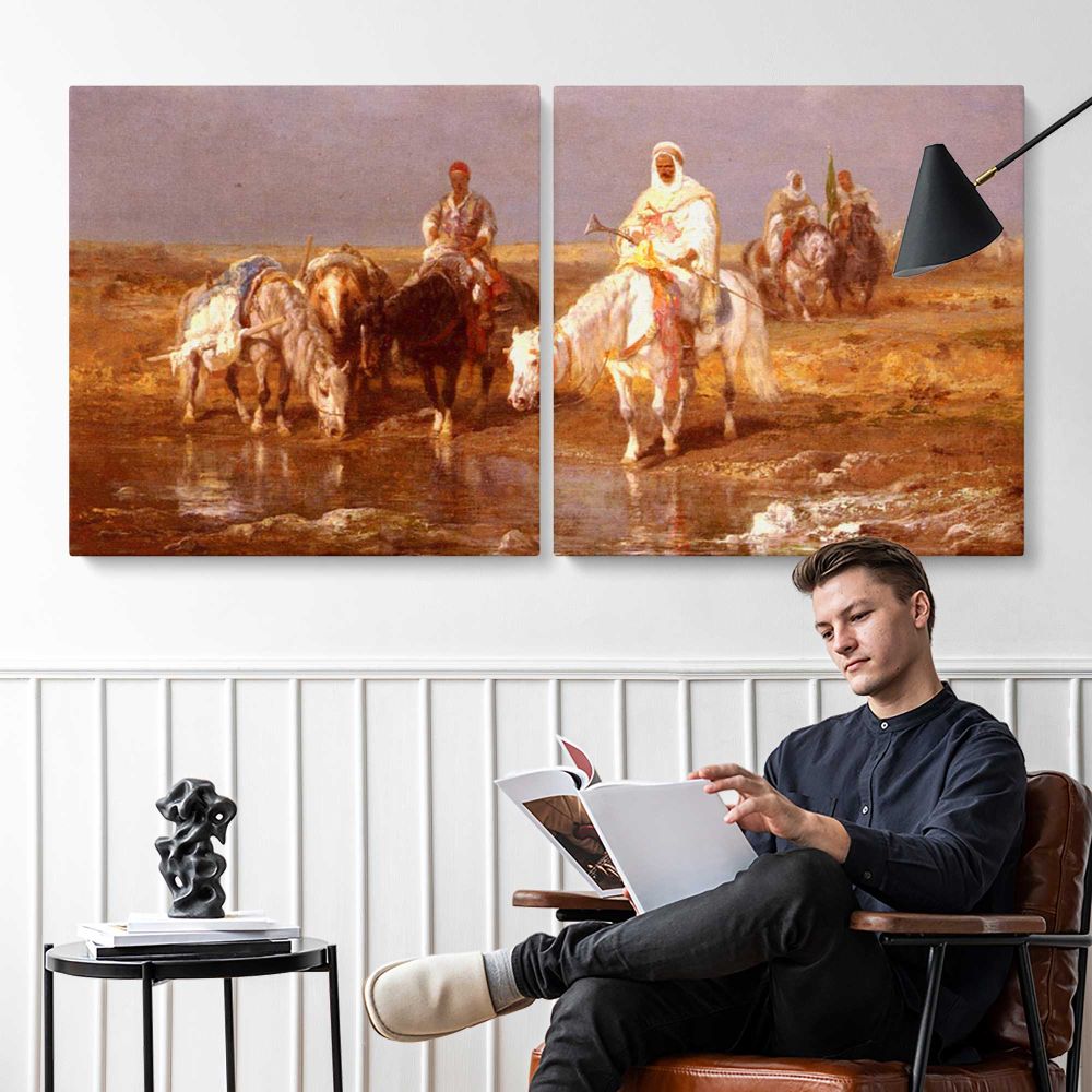 Arabs Watering Their Horses by Adolf Schreyer — two-panel canvas arrangement in a room