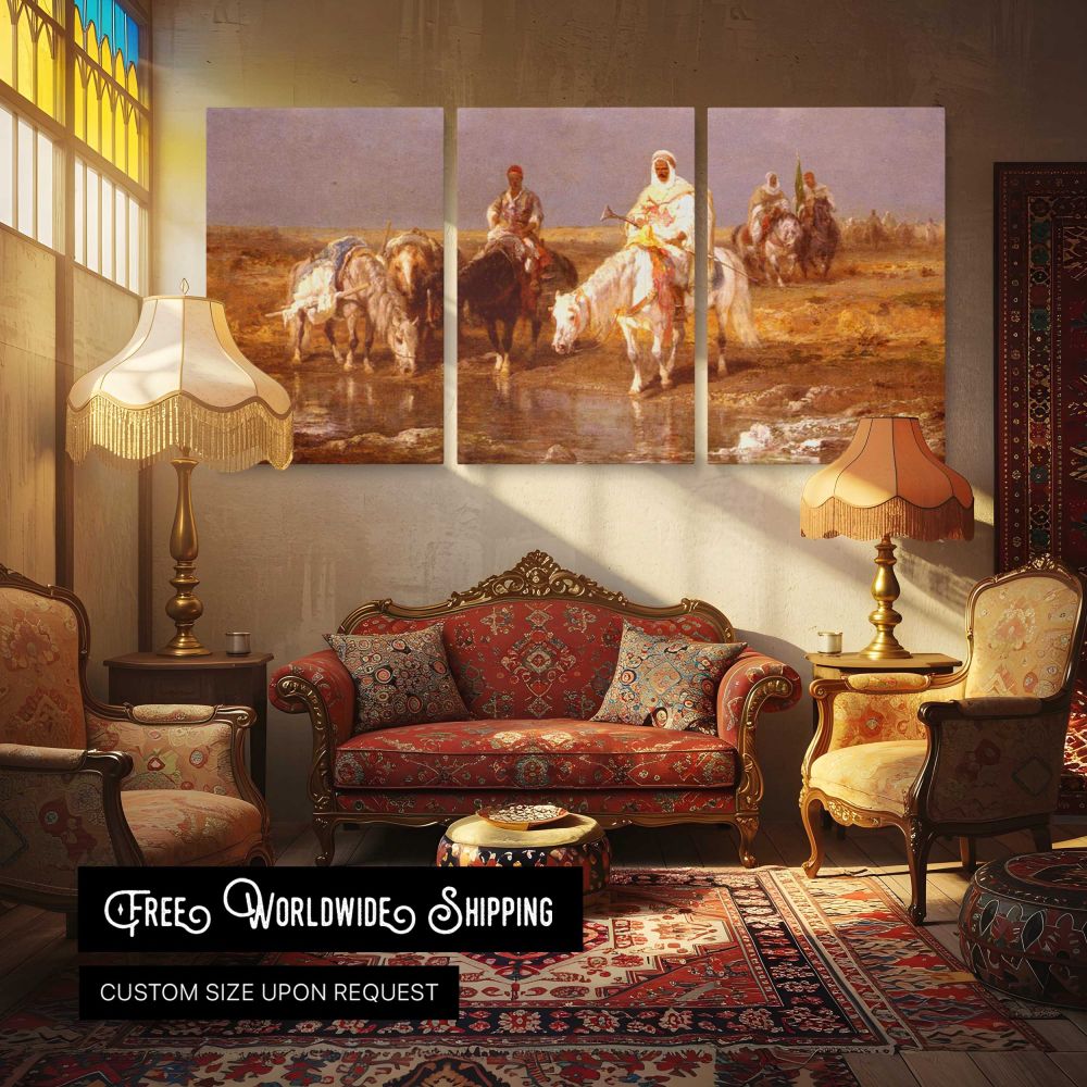 Arabs Watering Their Horses by Adolf Schreyer — multi-panel canvas in a warmly lit lounge