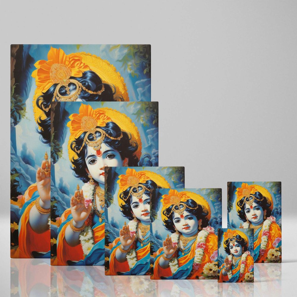 Baby Krishna Blessing - Colorful Crown and Garland Scene canvas wall art - Image 4