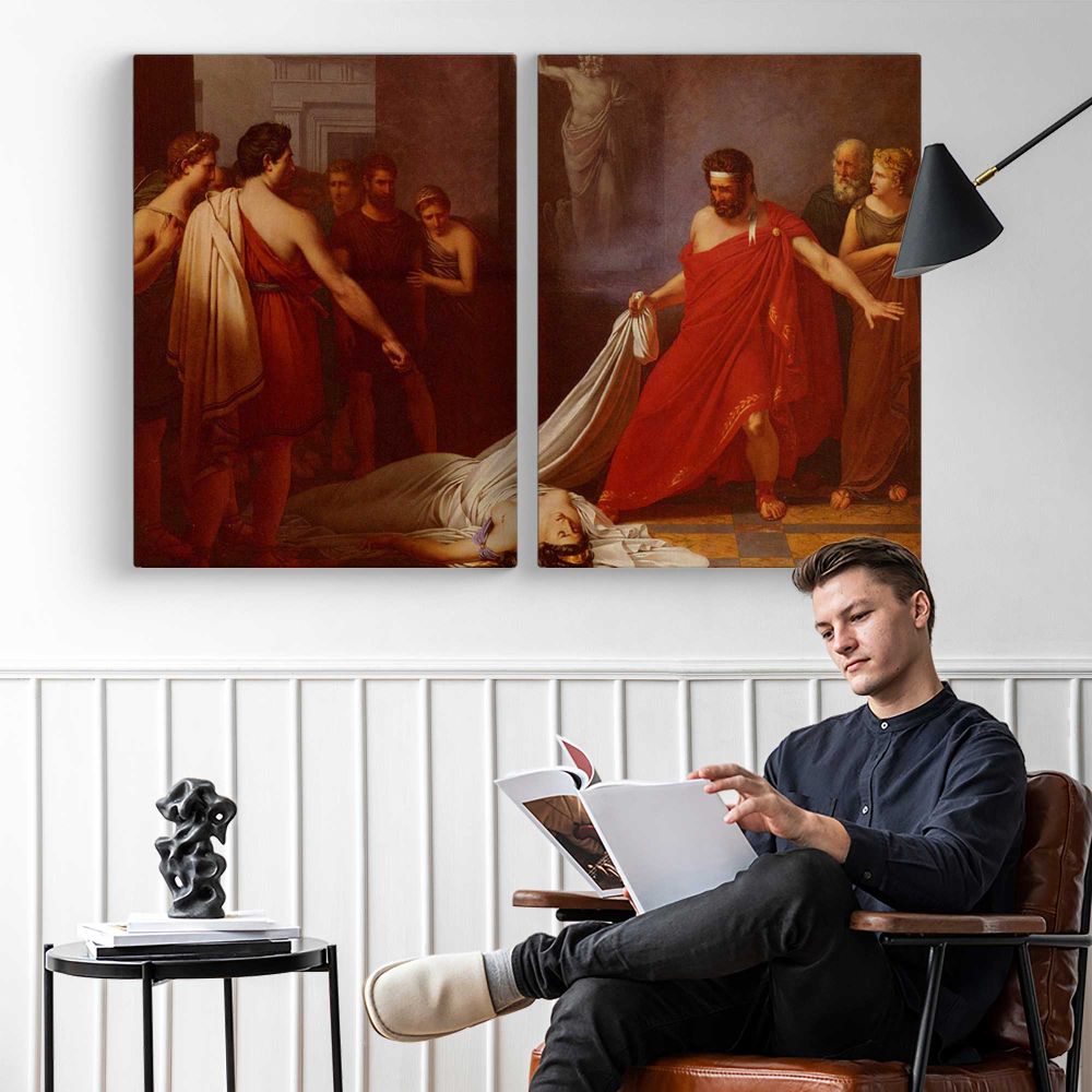 Berghe Charles Auguste Van Den Egisthe, Croyant Decouvrir Le Corps D Oreste Mort - two-panel canvas displayed in a reading room