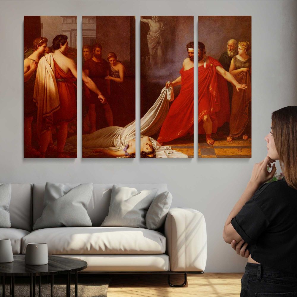 Berghe Charles Auguste Van Den Egisthe, Croyant Decouvrir Le Corps D Oreste Mort - multi-panel canvas displayed above a sofa