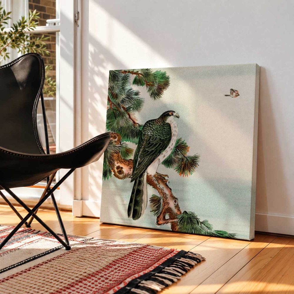 Bird perching on tree top, vintage Japanese animal painting by G.A. Audsley-Japanese illustration — room mockup view 2