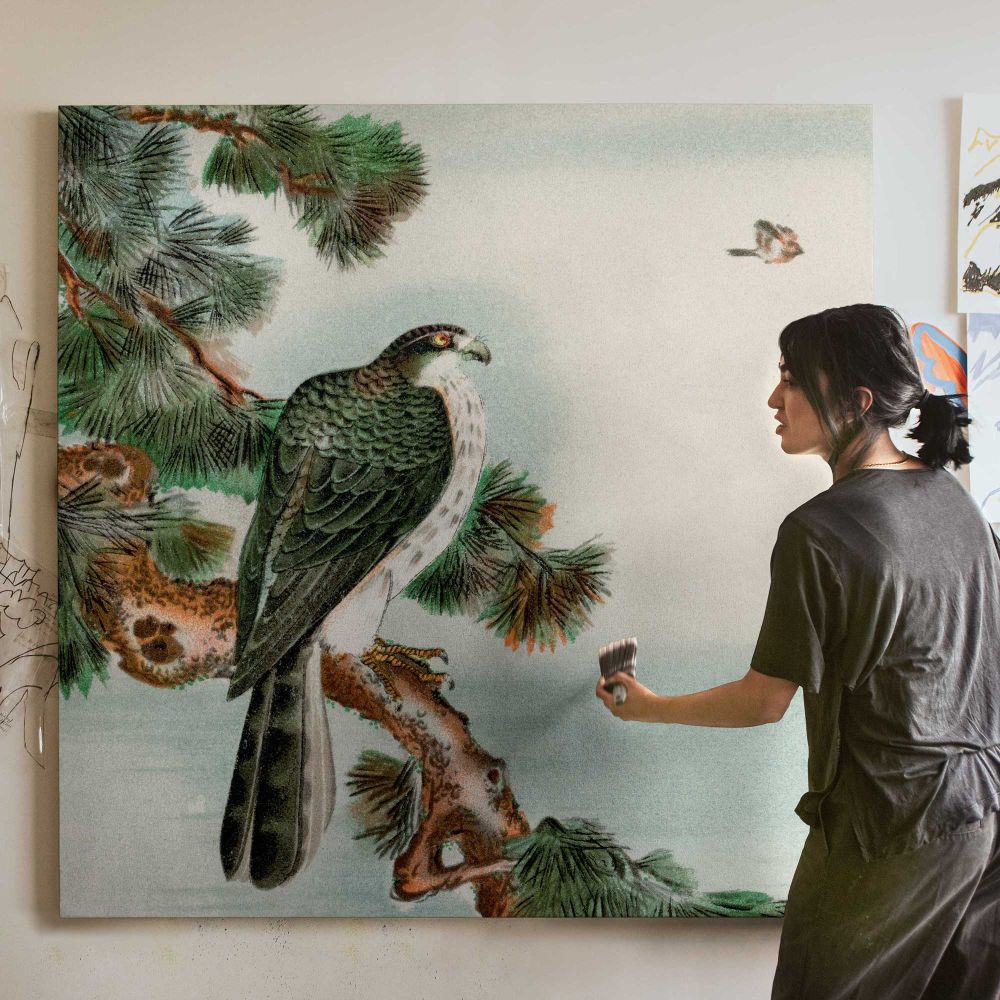 Bird perching on tree top, vintage Japanese animal painting by G.A. Audsley-Japanese illustration — room mockup view 3