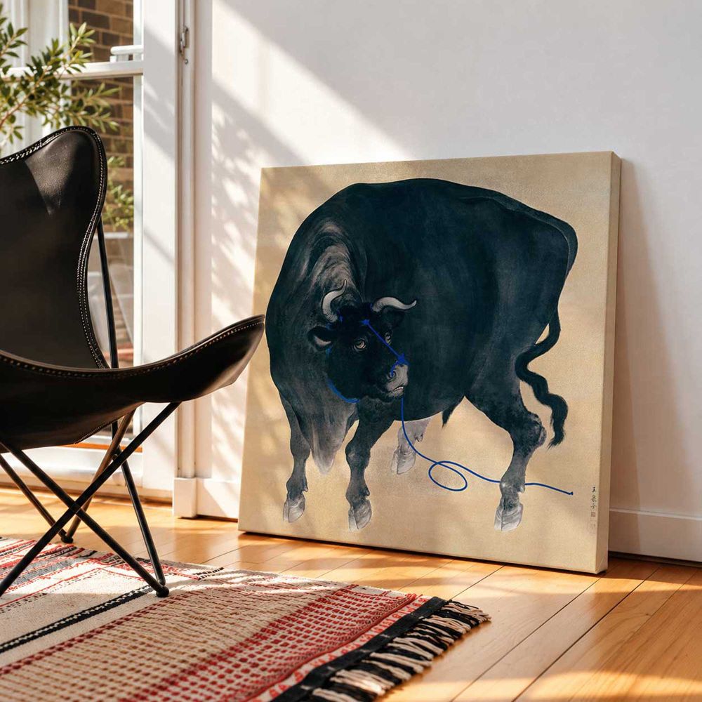 Black bull (19th century) vintage Japanese painting by Mochizuki Gyokusen — room mockup view 2