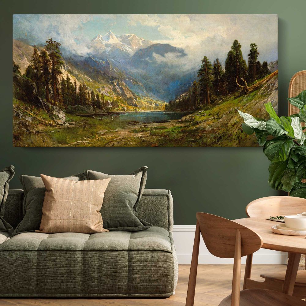 California Pines by William Keith — single-panel canvas above a green sofa